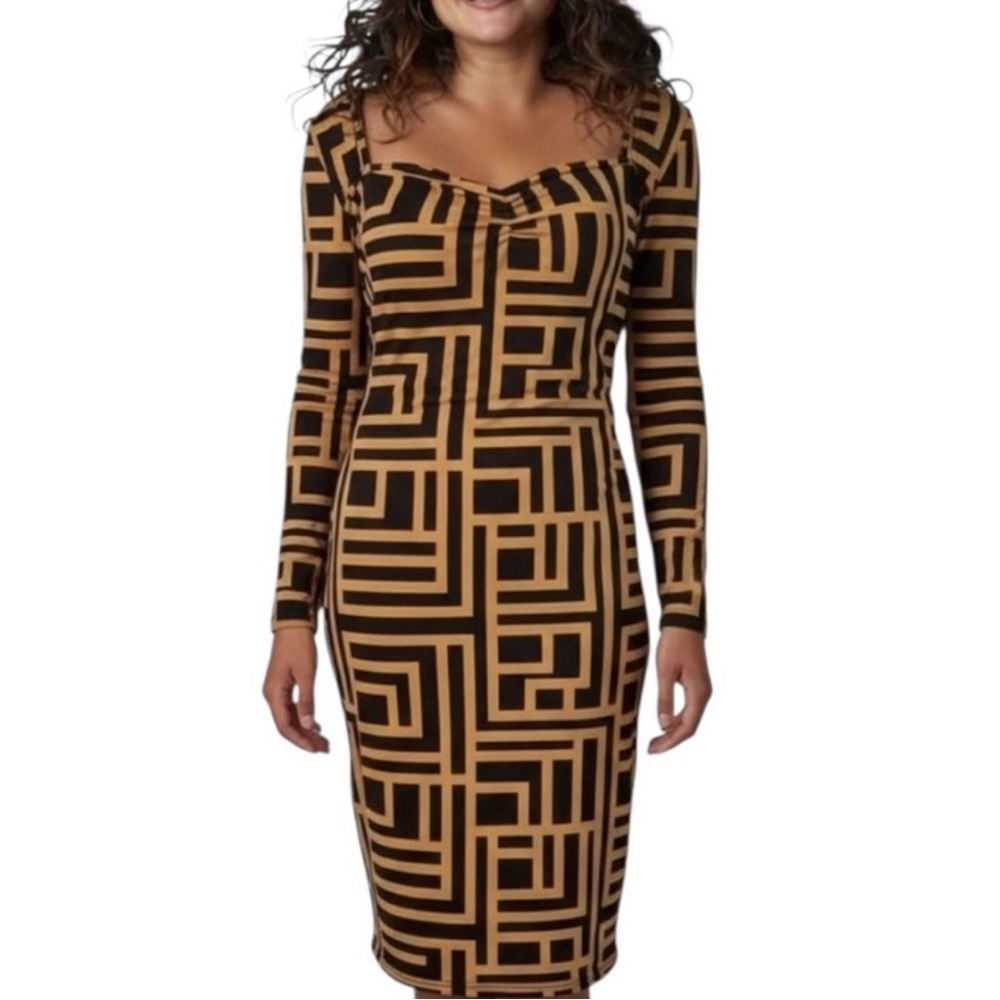 Privé Plus Black Latte Geometric Print Sweetheart Neck Bodycon Dress SHEIN XXL - Picture 1 of 8
